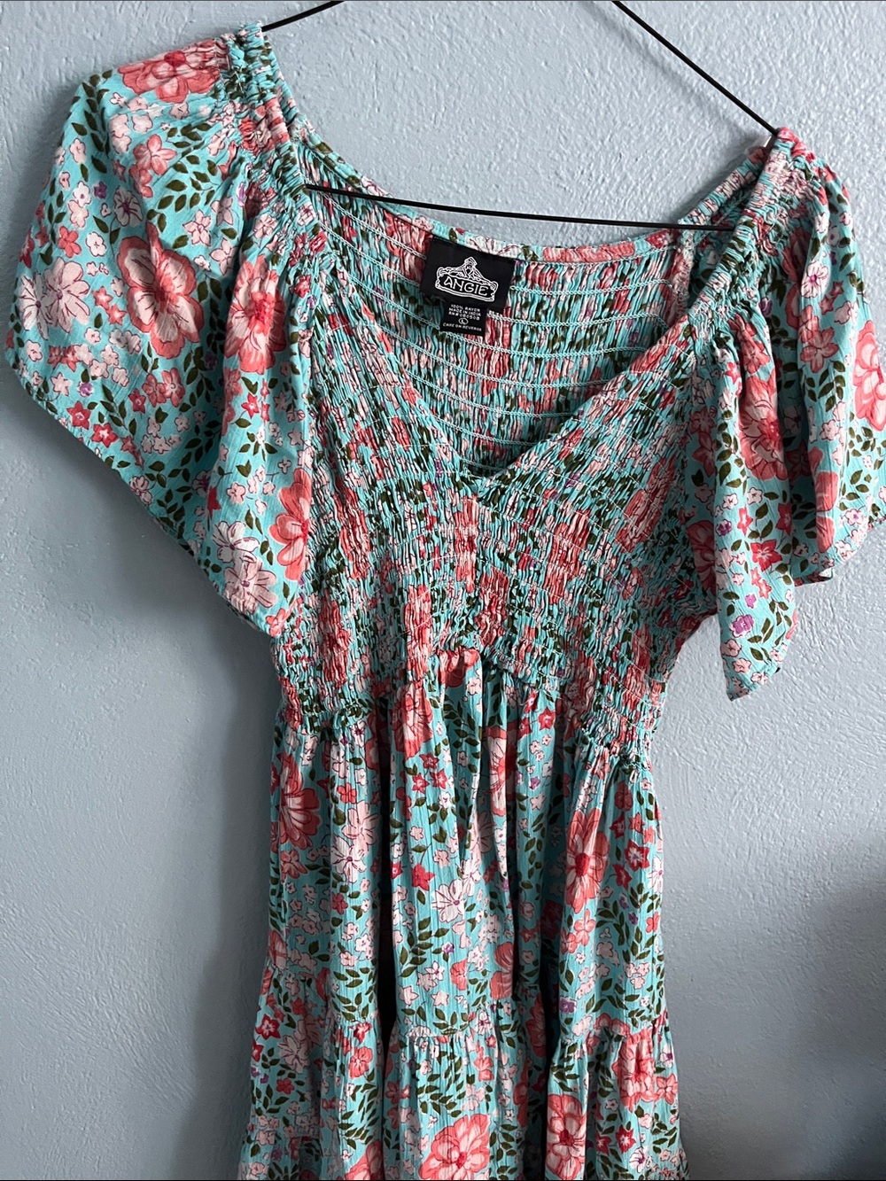 Angie Teal Floral Smocked Tunic with Flutter Sleeves